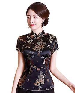 Shanghai Story Chinesische Cheongsam-Hemd, kurzärmelig, China-Bluse für Frauen - Schwarz - 3X-Groß von Shanghai Story