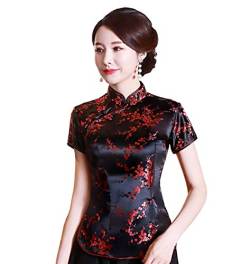 Shanghai Story Chinesisches Cheongsam-Hemd, kurzärmelig, China-Bluse für Damen, Blume Schwarz Rot, Groß von Shanghai Story