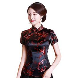 Shanghai Story Chinesisches Cheongsam-Hemd, kurzärmelig, China-Bluse für Damen, Blume Schwarz Rot, XX-Large von Shanghai Story