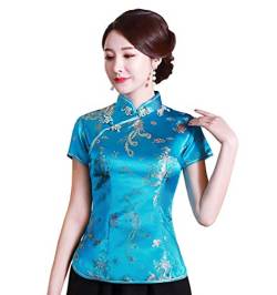 Shanghai Story Chinesisches Cheongsam-Hemd, kurzärmelig, China-Bluse für Damen, seeblau, 3X-Groß von Shanghai Story