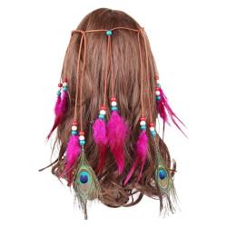 Böhmische Pfau Feder Kopfschmuck Stirnband Flechten Stirnband Zubehoer fuer Damen Frauen Karneval Festival Maskeraden Hippie Kette Festival Haarschmuck (Hot Pink, One Size) von Shaohan