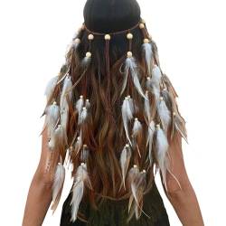 Damen Böhmische Pfau Feder Kopfschmuck Stirnband Flechten Haar Band Stirnband Zubehoer für Kostüm Indianer Hippie Indianer Quaste Haarband Vintage (White, One Size) von Shaohan