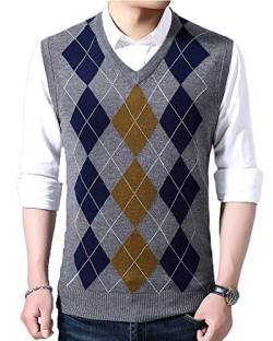 Herren Strickweste V-Ausschnitt Karo Knit Strick Vest Ärmellos Business Elegant Für Männer Grau XL von Shaoyao