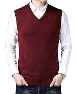 Shaoyao Herren Casual Pullunder Slim Fit Argyle Ärmellos V-Ausschnitt Strickweste Business Weste Rot M von Shaoyao