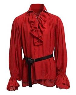 Shaoyao Herren Lange Ärmel Cosplay Gothic Victorian Rüschenhemd Mittelalter Hemd Elegant Langarmshirt Kein Gürtel Rot 3XL von Shaoyao