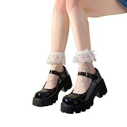 ShapeW Lolita transparente Netz-Crew-Socken für Damen, süße Rüschen, Spitzenbesatz, Schleife, niedliches Liebesherzmuster, Anime-Prinzessinnen-Strumpfwaren, weiß, One size von ShapeW