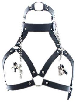 Shawa Leder Harness Dessous mit Nippelklemmen + Halsband + Silikon Ball Gag Bondage SM Harness Geschirre Fesseln Sexspielzeug für Paare von Shawa