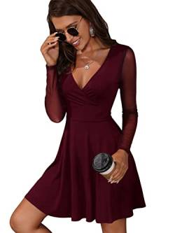 SheIn Damen Netz Ärmel Kleider A Linie Tief V-Ausschnitt Elegant Minikleid Mesh Partykleid Skaterkleid Hohe Taille Langarmkleid Bordeaux S von SheIn