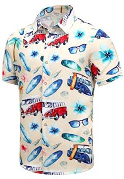 SheLucki Hawaiihemd für Herren, Unisex Sommer Strand Casual Kurzarm Button Down Shirts Bedruckte Palmshadow Kleidung, Bus Gelb, XL von SheLucki