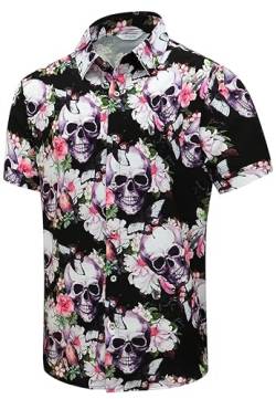SheLucki Hawaiihemd für Herren, Unisex Sommer Strand Casual Kurzarm Button Down Shirts Bedruckte Palmshadow Kleidung, Skull Pink, L von SheLucki