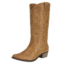 SheSole Cowboystiefel Damen Westernstiefel mit Blockabsatz Sommer Cowgirl Stiefel Bräunen von SheSole