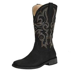 SheSole Damen Cowboystiefel Mit Blockabsatz Eckige Zehenkappe Frauen Western Boots Schwarz von SheSole