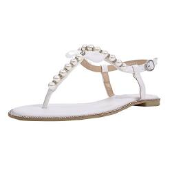 SheSole Damen Sandaletten - Flache Damen-Sandalen mit Perlen & Strasssteinen, modische Riemchensandalen, Weiß, 36 EU von SheSole