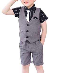 Shengwan 2 Stück Kinder Junge Anzug Sommer Hochzeit Anzüge Weste + Kurze Hose, Kinderanzug Festlich Outfit Grau 110cm von Shengwan