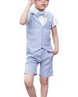 Shengwan 4 Stück Kinder Junge Anzug Sommer Hochzeit Anzüge Weste + Kurzarm Hemd + Kurze Hose + Bowtie Kinderanzug Festlich Outfit Hellblau 110cm von Shengwan