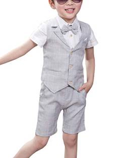 Shengwan 4 Stück Kinder Junge Anzug Sommer Hochzeit Anzüge Weste + Kurzarm Hemd + Kurze Hose + Bowtie Kinderanzug Festlich Outfit Hellgrau 110cm von Shengwan