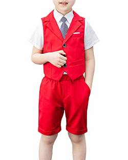 Shengwan 4 Stück Kinder Junge Anzug Sommer Hochzeit Anzüge Weste + Kurzarm Hemd + Kurze Hose + Krawatte Kinderanzug Festlich Outfit Rot 5-6 Jahre von Shengwan