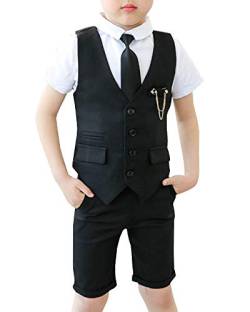 Shengwan Kinder Junge Anzug 4 Stück Sommer Hochzeit Anzüge Weste + Kurzarm Hemd + Kurze Hose + Krawatte Kinderanzug Festlich Outfit Schwarz 110cm von Shengwan