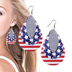 Shenrongtong Unabhängigkeits-Ohrringe aus Leder | Ohrring Haken aus Kunstleder mit amerikanischer Flagge 3 Schichten – Ohrringe für den 4. Juli, 1, Leder von Shenrongtong