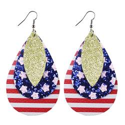 Shenrongtong Unabhängigkeits-Ohrringe aus Leder | Ohrring Haken aus Kunstleder mit amerikanischer Flagge 3 Schichten – Ohrringe für den 4. Juli, 1, Leder von Shenrongtong