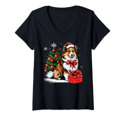 Damen Sheltie Weihnachtsmann auf Weihnachten Shetland Schäferhund T-Shirt mit V-Ausschnitt von Shetland Sheepdog lover apparel for Sheltie owner