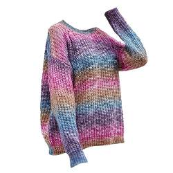 Shffuw Partner Geschenke FüR Ihn Damen-Pullover mit Rundhalsausschnitt und Langen Ärmeln, Regenbogen-Strickpullover, modische, lockere Oberteile Weisser Pullover Damen (Purple, M) von Shffuw