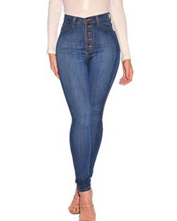 Damen Große Größen High Waist Jeans Stretch Dünn Skinny Hose Mit Knöpfen Hellblau L von ShiFan