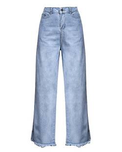 Damen Straight Baggy Jeans Hoher Bund Weite Hosen Mit Fransen Hellblau L von ShiFan