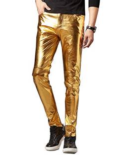 Lederhose Lang Herren Slim Fit Basic Biker Faux Leder Hosen Gold XL von ShiFan