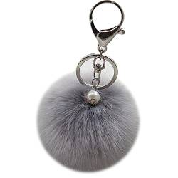 Shining crown Flauschiger Ball Auto Schlüsselanhänger Frauen Pom Pom Handtasche Charms Anhänger Perle, Graue silberfarbene Schnalle. von Shining crown