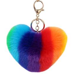 Shining crown Herzförmiger Regenbogen-Fellkugel-Schlüsselanhänger, niedlicher bunter Auto-Schlüsselanhänger, modischer Taschenanhänger für Frauen, mehrfarbig, Medium von Shining crown