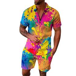 70er Jahre Outfit Herren Kurze Hose Set Herren Frühling/Sommer Freizeit Sport Hawaii Beach Style Stitching Stripe Print Kurzarm Hemdhose Zweiteiliges Set leinenhemd Herren (Z-230781-1-Yellow, XXXL) von Shiningupup