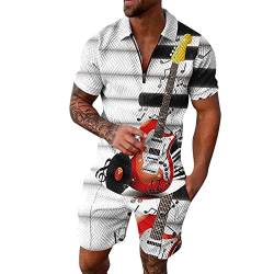 90er Jahre Outfit Herren Party Mens Fashion Leisure Seaside Beach Holiday 3D-Digitaldruck Reißverschluss Kurzarmhemd und Shorts Anzug Zweiteiler 80er Jahre Outfit Herren Party von Shiningupup