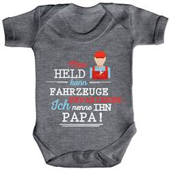 Geschenk zum Vatertag KFZ Mechaniker Strampler Bio Baumwoll Baby Body Kurzarm Jungen Mädchen Papa - Mein Held kann Fahrzeuge reparieren, Größe: 0-3 Monate,Heather Grey Melange von ShirtStreet