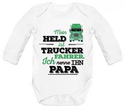 ShirtStreet Geschenk zum Vatertag LKW Fahrer Strampler Bio Baby Body Bodysuit langarm Jungen Mädchen Papa - Mein Held ist Trucker Fahrer, Größe: 3-6 Monate,White von ShirtStreet