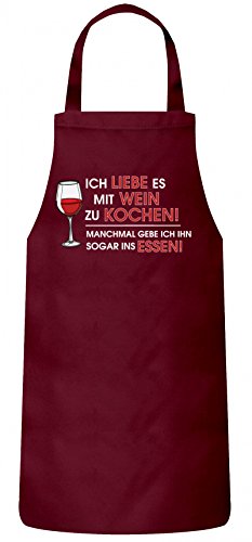 ShirtStreet Kochen Koch Köchin Küchen Party Frauen Herren Barbecue Baumwoll Grillschürze Kochschürze Weinglas - Ich Liebe es mit Wein zu Kochen, Größe: OneSize,Burgund von ShirtStreet