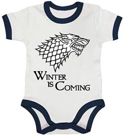 ShirtStreet Ringer Strampler Baumwoll Baby Body kurzarm Jungen Mädchen Wolf - Winter Is Coming, Größe: 6-12 Monate,White/Nautical Navy von ShirtStreet