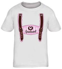 ShirtStreet Wiesn Kinder T-Shirt Rundhals Mädchen Jungen Oktoberfest - Mädchen Lederhose Spatzerl, Größe: 122/128,weiß von ShirtStreet