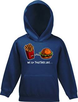 Valentinstag Kinder Kids Kapuzen Sweatshirt Hoodie - Pullover mit Fries + Burger Motiv, Größe: 116,Navy von ShirtStreet