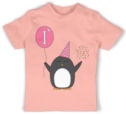 BZ02 Jungen Mädchen T-Shirt Babies - Geburtstag Geschenk für Babys - 1.Geburtstag - Baby - Rosa - Pinguin - Ballon - Konfetti - 12/18 Monate - Babyrosa - geburtstagsshirt 1 Jahr 1. babyshirt von ShirtYouWant