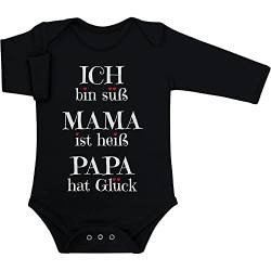 Baby Body Langarm - Süßer Spruch - Ich Bin süß, Mama ist heiß, Papa hat Glück Geschenk Langarmbody Baby Mädchen - Geschenke für Mama - Baby Strampler 12-18 Monate Schwarz von Shirtgeil