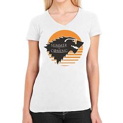 GOT Direwolf - Summer is Coming - Stark Fan Artikel Damen T-Shirt V-Ausschnitt Medium Weiß von Shirtgeil