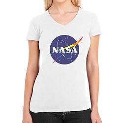 LGBT NASA Logo in Regenbogen Farben Damen T-Shirt V-Ausschnitt Medium Weiß von Shirtgeil