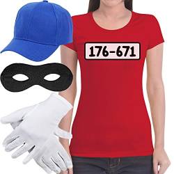 Panzerknacker Banditen Bande Kostüm Shirt + MÜTZE + Maske + Handschuhe Frauen T-Shirt Slim Fit Small Rot von Shirtgeil