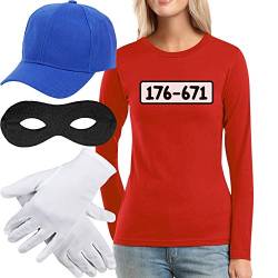 Panzerknacker Kostüm Langarm-Shirt + MÜTZE + Maske + Handschuhe Frauen Langarm-T-Shirt Large Rot von Shirtgeil