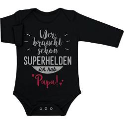 Shirtgeil Baby Body Langarm - Wer braucht Schon Superhelden ich hab Papa Strampler 0-3 Monate Schwarz von Shirtgeil