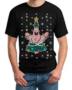 Spongebob Patrick Weihnachtsbaum Seestern Geschenk Herren T-Shirt Large Schwarz von Shirtgeil