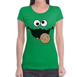 T-Shirt Damen Karneval & Fasching Keksmonster Krümel Kostüm Tshirt Frauen Slim Fit Large Grün von Shirtgeil