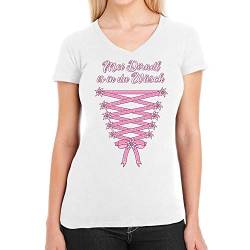 T Shirt Damen V Ausschnitt Oktoberfest Wiesn Kleidung - Tshirt mit Spruch - MEI Dirndl is in da Wäsch - Shirt Frauen Basic Outfit Oktoberfest T-Shirt Medium Weiß von Shirtgeil