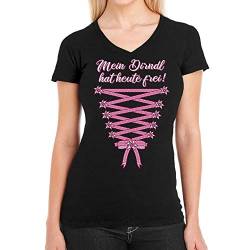 T Shirt Damen V Ausschnitt Oktoberfest Wiesn Outfit Tshirt mit Spruch Mein Dirndl hat Heute frei T-Shirt Damen Lustig Frauen Oberteil mit V-Ausschnitt Large Schwarz von Shirtgeil